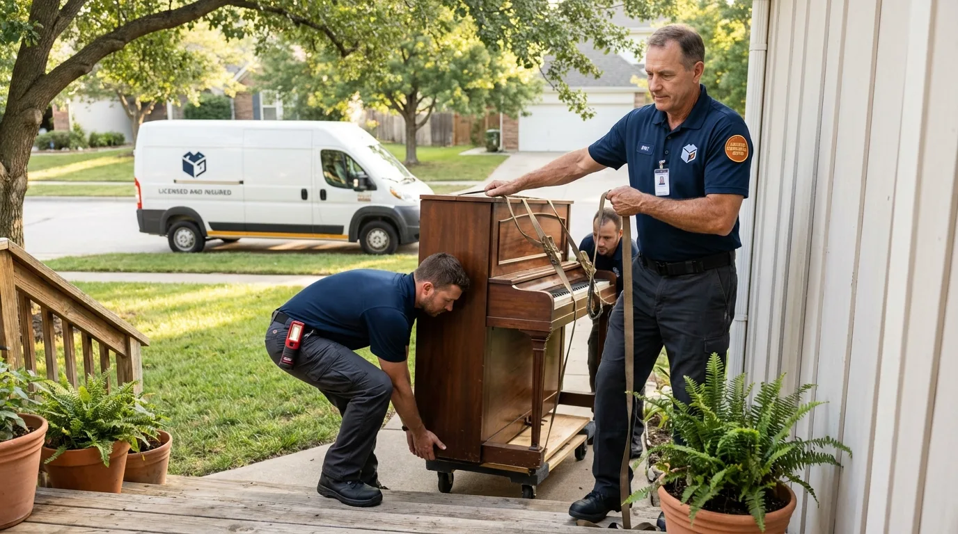 Licensed piano movers securing grand piano in Babbitt, MN