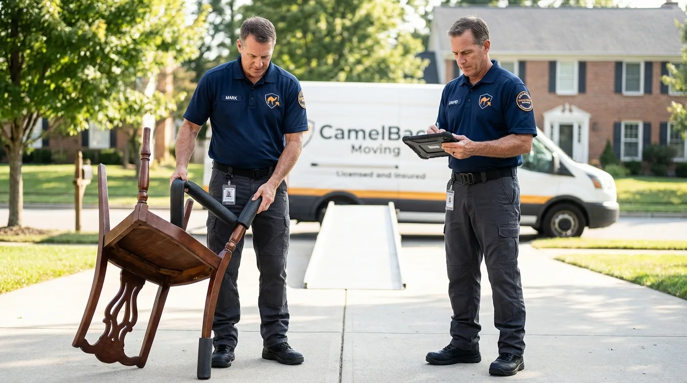 Movers inspecting furniture for damage prevention before loading in Babbitt, MN
